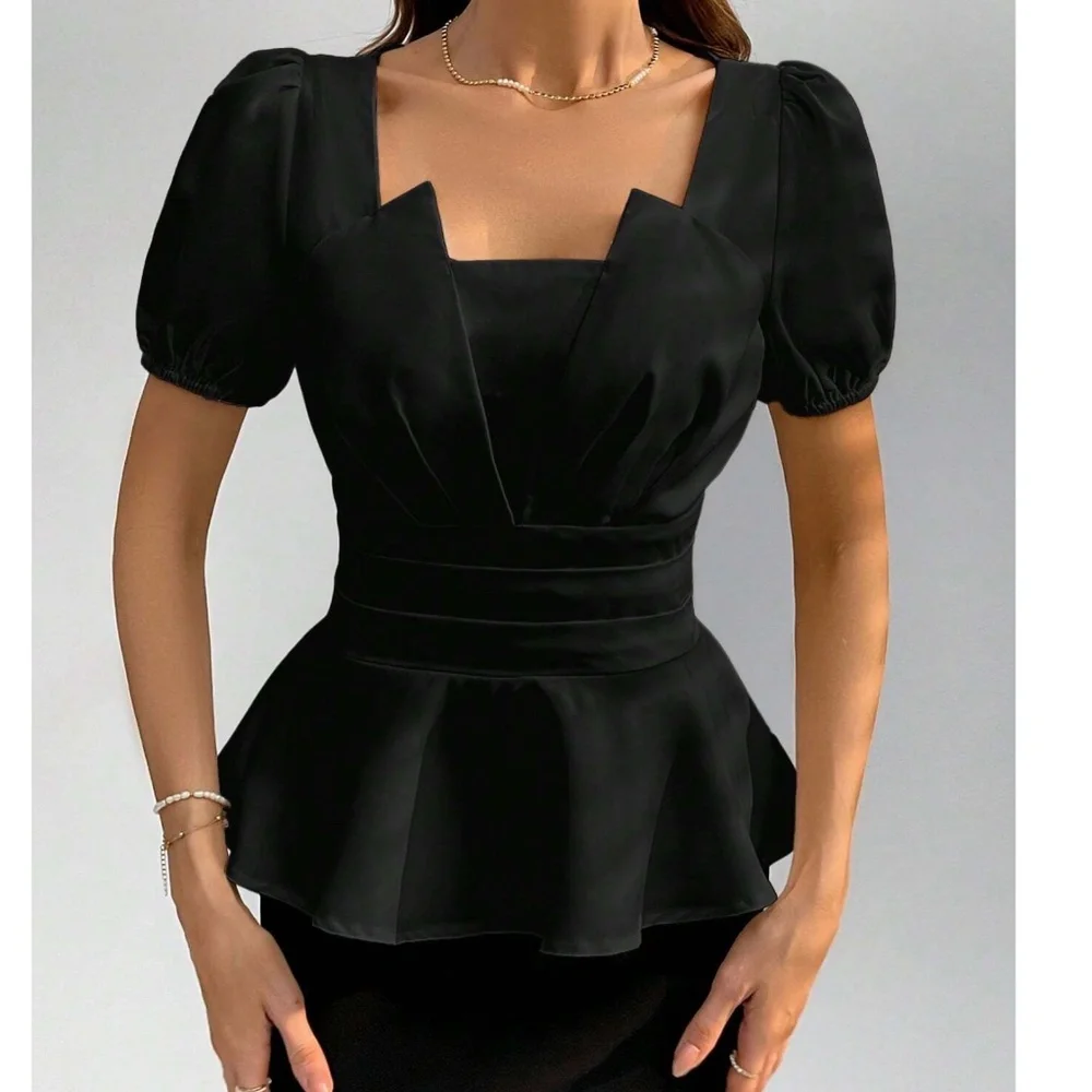 Classic Solid Puff Sleeve Ruffle Hem Blouse - Picture 7 of 12